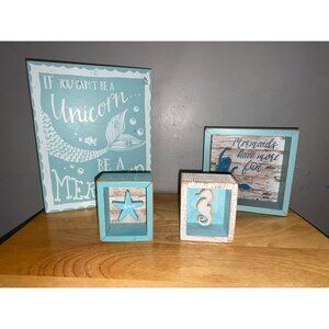 Set Of 4 Wooden Coastal Mermaid Inspirational Decorative Nautical Signs Decor
